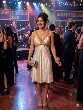 Ivory Satin Midi Dress with Gold Trim